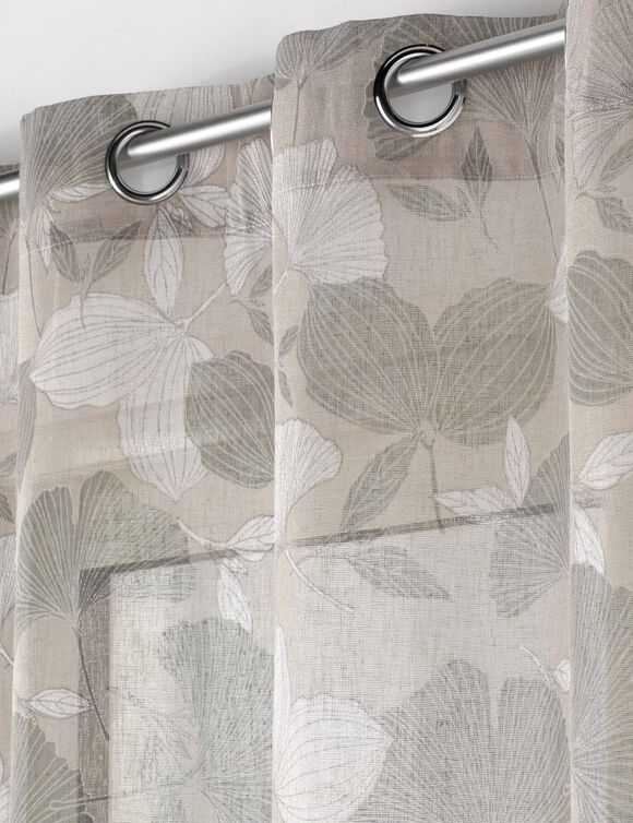 Voilage imprimé ginkgo -  finition oeillets (beige / gris) Voilage imprimé ginkgo -  finition oeillets (beige / gris)